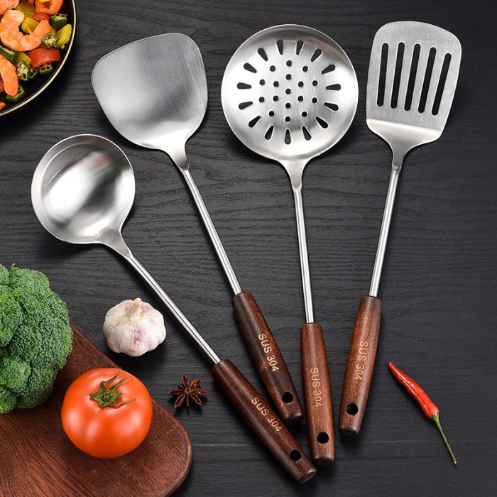 Kitchen cooking wooden handle 304 stainless steel spoon spatula spoon creative retro wooden handle spatula kitchen utensils