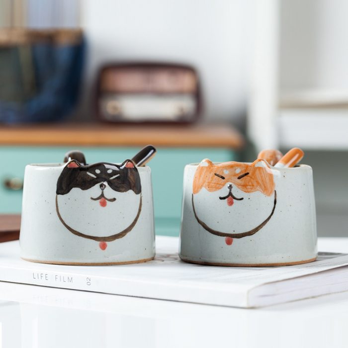 Ceramic plate cartoon mug creative handmade cat cup coffee cup Akita dog cup Japanese style