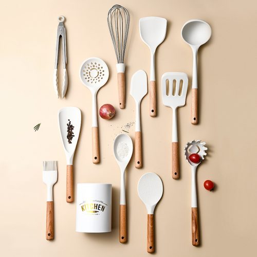 Wooden handle white silicone kitchen utensil set 12 sets Nordic ins style simple non-scraping pot kitchen tool set