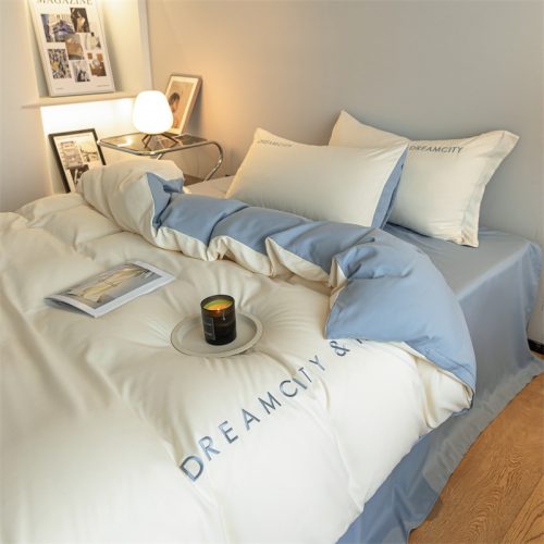 Light luxury solid color double spell washed cotton pure cotton four-piece set brushed embroidery sheets bedding