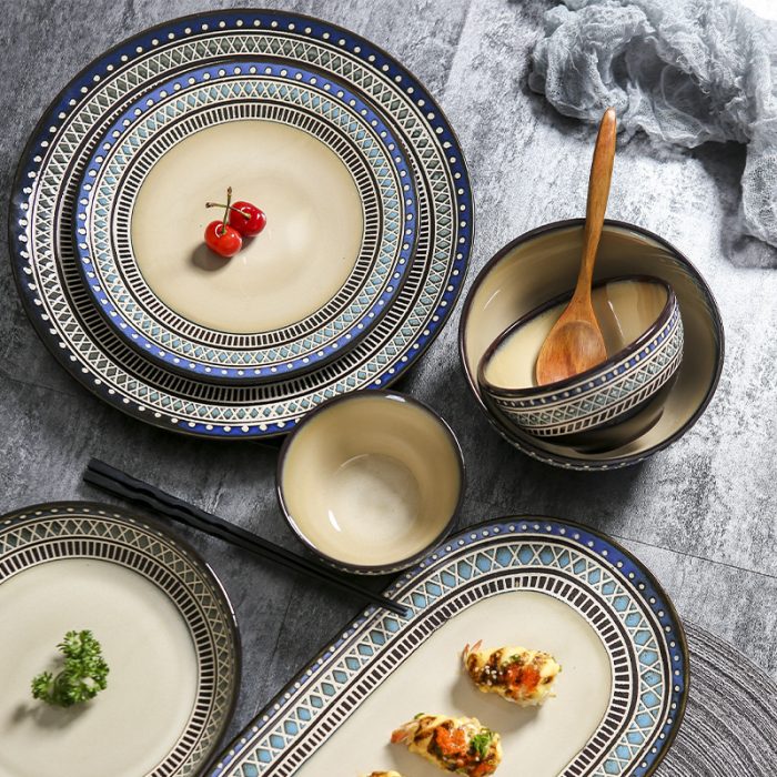 European and American ceramic tableware underglaze color set relief steak plate salad bowl rice bowl western restaurant fish plate cup